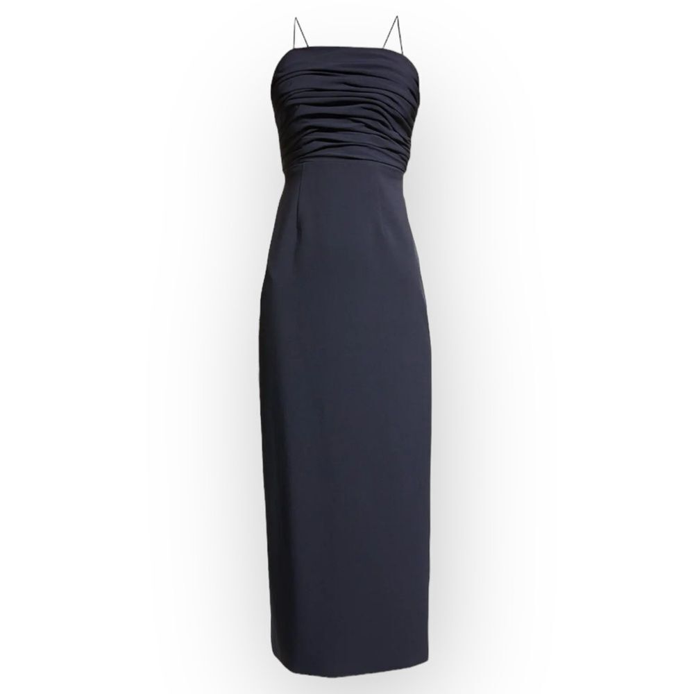 CINQ À SEPT NWT Judy Ruched Navy Backless Midi-Dress- size 12- sexy classic - Picture 12 of 13